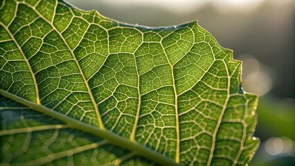 Obraz premium Leaf's Intricate Web: A close-up shot of a vibrant green leaf, revealing its intricate network of veins and textures, illuminated by sunlight.