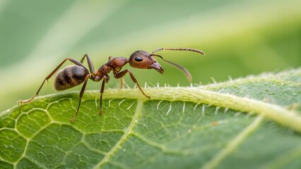 The Ant's Perch: This macro shot captures the intricate detail of a single ant perched on a vibrant green leaf. Explore the hidden world of tiny creatures and the beauty of nature's smallest wonders.