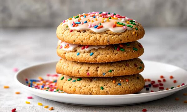 A delightful stack of beautifully decorated cookies topped with colorful sprinkles, invitingly presented on a plate against a softly blurred background.