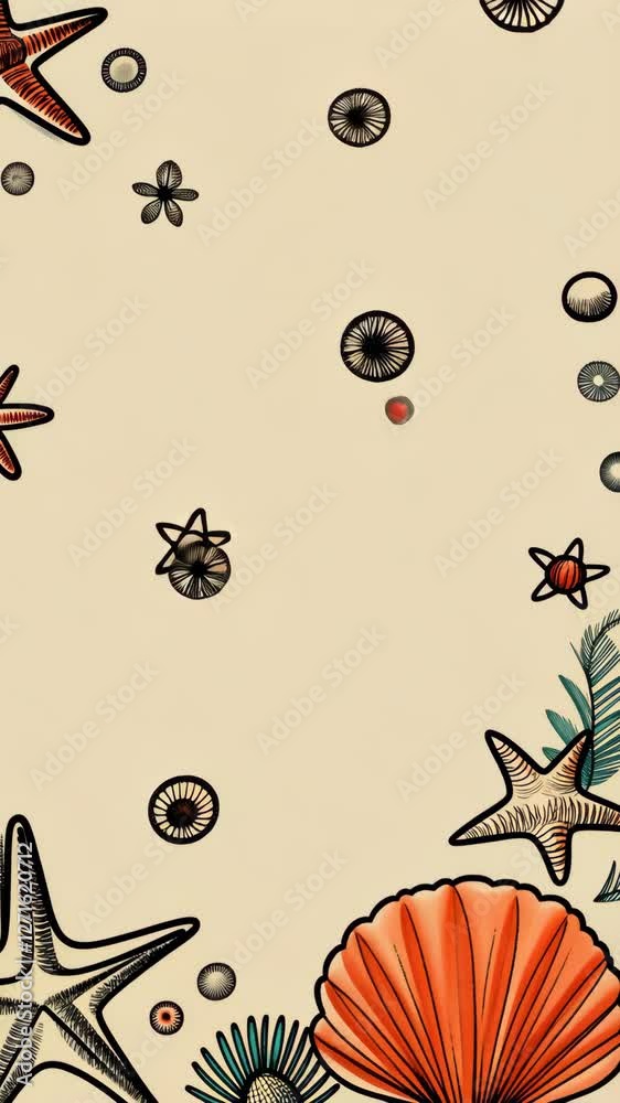 Poster A beige background with a frame of stars and shells. The frame is orange and green. There are three shells and three stars