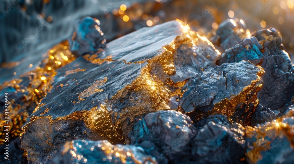 Poster natural rock formations display intricate patterns of gleaming gold and silver, catching sunlight in