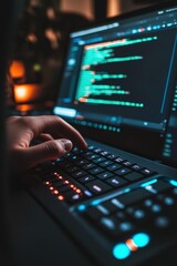 Programming on Laptop with Colorful Code on Screen in Dark Room - Software Development and Tech Scene for Developers and Coders