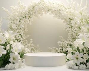 Top down view of an empty podium surrounded by white funeral flowers in a serene setting.
