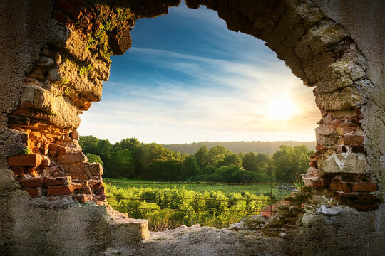 Hope and freedom concept, Brick wall with hole revealing lush greenery, natural light. Royalty high-quality free best stock of broken brick wall revealing a serene landscape with mountains, trees