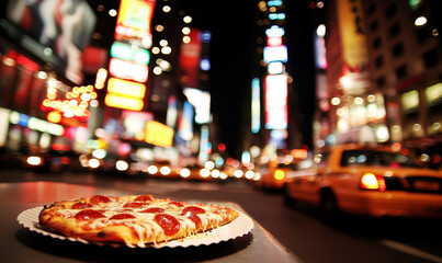 Delightful Pepperoni Pizza in the Bustling Streets of New York City: A Culinary Experience Amidst the Vibrant Nightlife and Bright City Lights