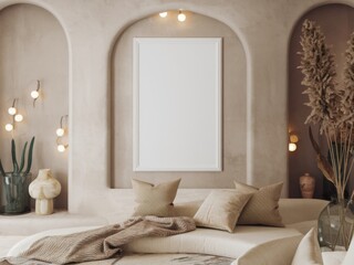 Modern Boho Living Room Mockup with Empty Frame
