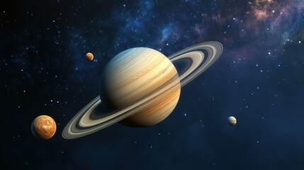 Saturn and Its Moons in Stunning Space Scene with Colorful Nebula Background, Astronomy Illustration for Science and Educational Purposes