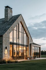 Modern farmhouse exterior showcasing large glass windows and inviting outdoor seating during twilight hours in a serene countryside setting