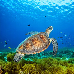 Obraz premium Sea Turtle swimming in clear ocean.