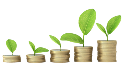 Flourishing finances, a plant growing from coins symbolizes investment and economic growth