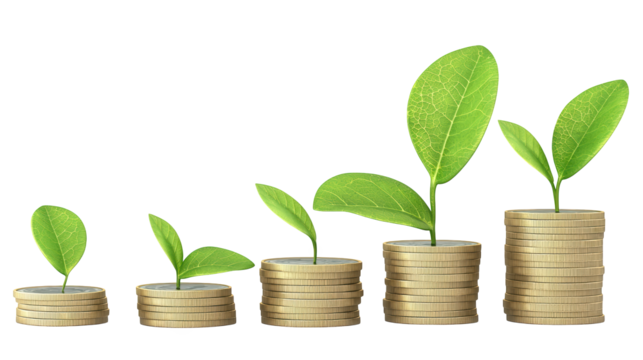 Flourishing finances, a plant growing from coins symbolizes investment and economic growth