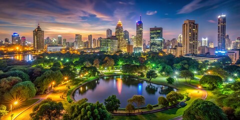 Obraz premium Bangkok Night Skyline & Lumpini Park Panorama - Wide Angle High-Resolution Stock Photo
