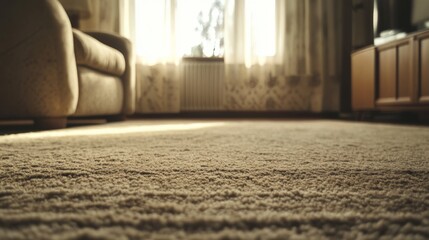 Sunlight streaming through window onto beige carpet in cozy living room. Possible use Interior design, home decor