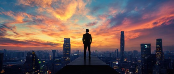 Silhouette of a person on a rooftop at sunset over a city skyline, urban exploration, dramatic sky, inspirational view, travel photography, adventure lifestyle.