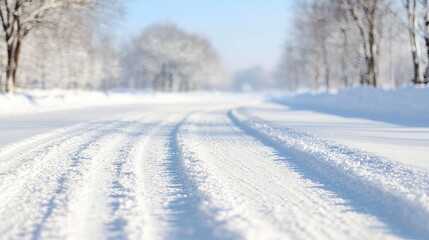 Obraz premium Snowy road, winter trees, sunlight, peaceful landscape, winter travel