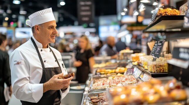 Global food and beverage marketing fair featuring gourmet tasting sessions, high-end branding displays, and celebrity chef endorsements, culinary corporate marketing.