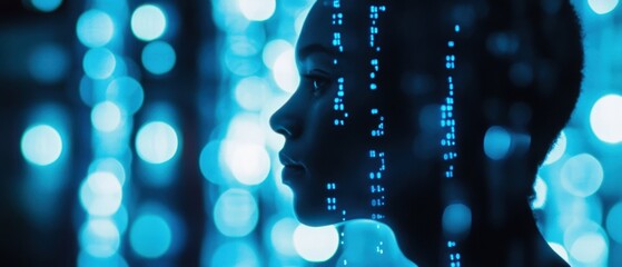 Silhouette of a woman with digital matrix rain, tech background, artificial intelligence concept, futuristic design, coding and programming images