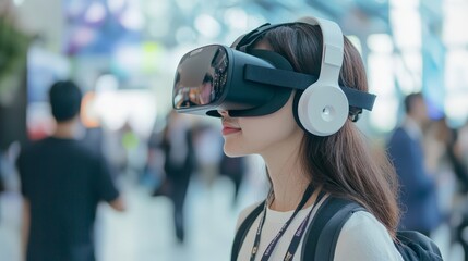 Global technology marketing fair with virtual reality product testing, interactive AI assistants, and startup innovation zones, immersive digital branding.