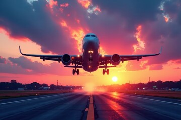 Fototapeta premium A majestic passenger jet aircraft descends gracefully towards a runway during a vibrant and colorful sunset, casting a dramatic silhouette against the fiery sky.