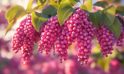 Lush clusters of vibrant pink fruits hanging from green leaves in a serene garden setting