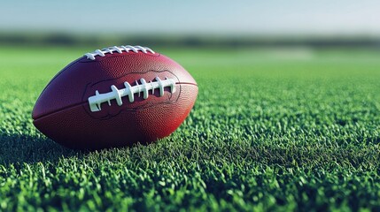Obraz premium A close-up of a football resting on green grass under a clear blue sky.