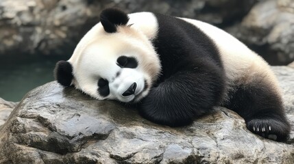 Obraz premium A cute giant panda peacefully resting on a rock near the water, showcasing its charm.