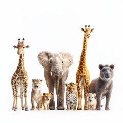 A diverse group of animals standing together showcasing wildlife variety.