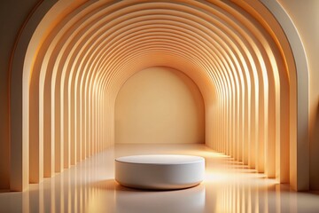 Beige Tunnel Cylindrical Podium: Minimalist 3D Rendered Product Display for Cosmetics