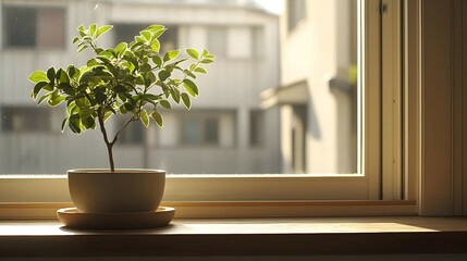 Fototapeta premium Small Green Plant in White Pot on Wooden Windowsill