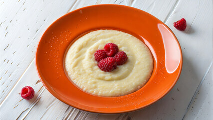 Bowl of creamy dessert topped with fresh raspberries on a vibrant orange plate