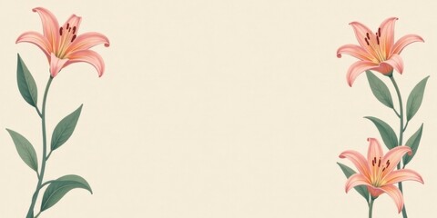 Obraz premium Elegant Peach Lilies Frame a Soft Cream Background, Perfect for Invitations or Announcements