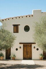 Naklejka premium A delightful white building featuring elegant wooden doors and a charming round window, nestled amidst lush greenery beneath a bright blue sky at midday