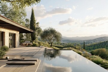 Experience a peaceful outdoor haven featuring a contemporary pool that offers stunning views of verdant hills and picturesque countryside, all bathed in the warm glow of sunset on a calming evening