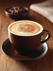 Obraz premium A warm cup of coffee sits on a wooden table, topped with a sprinkle of cocoa, accompanied by a bowl of coffee beans.