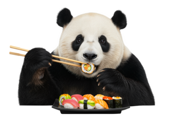 Panda enjoys sushi at a colorful dining feast with chopsticks in a playful setting on a transparent background