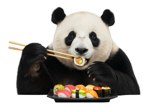 Panda enjoys sushi at a colorful dining feast with chopsticks in a playful setting on a transparent background - Powered by Adobe
