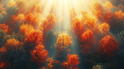 Autumn Forest Sunlight Rays, Aerial View