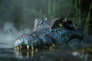 Obraz premium A detailed close-up of a crocodile's head emerging from murky water, featuring sharp teeth and intense eyes, surrounded by a misty, green environment.