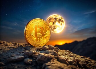 Bitcoin Cryptocurrency Night Scene, Full Moon, Rocky Landscape, Digital Currency, Panoramic View