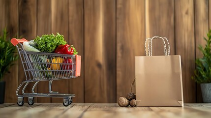 A small paper shopping bag with a handle, placed beside a shopping cart filled with groceries, set against a soft gradient backdrop