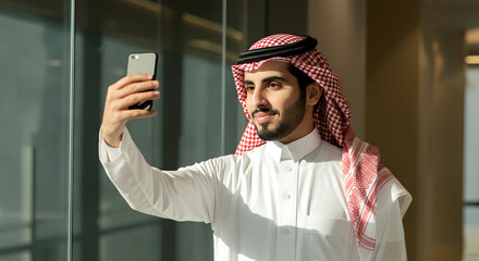 arab saudi man taking selfie with smart phone