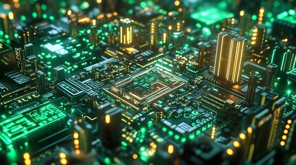 Obraz premium Sustainable Smart City: A Futuristic Cityscape with Lush Green Spaces, Modern Architecture, and Glowing Nodes Representing Data Networks, Emphasizing Eco-Friendly Urban Development, Technological Inte