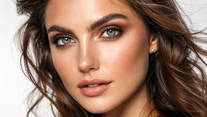 Fototapeta premium A beautiful brunette woman with red lips and long hair showcases her elegant makeup and flawless skin in a close-up studio portrait
