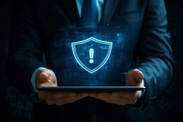 Businessman Holding Tablet with Security Alert Shield Icon