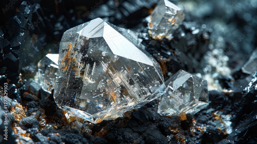 Poster magnificent crystals glisten as they reflect light in a dark mineral environment, showcasing intrica