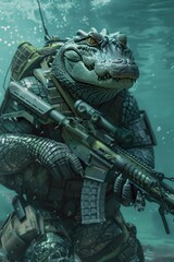 Fototapeta premium A fierce, armored crocodile soldier wields a gun underwater, blending military aesthetics with a reptilian warrior theme.