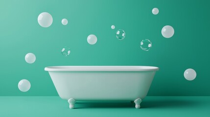 A minimalist bathtub surrounded by floating bubbles against a vibrant green backdrop, creating a serene and refreshing atmosphere.