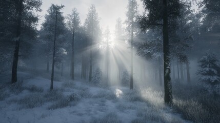 Fototapeta premium Winter's Embrace: Sunbeams Dancing Through a Snowy Forest