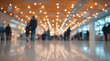Out-of-focus convention hall with warm lighting, business professionals shaking hands in the distance, corporate networking concept.
