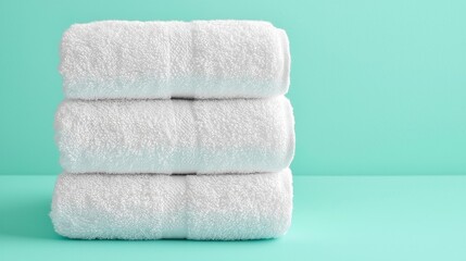 Three neatly stacked white towels on a mint green background, creating a clean and fresh aesthetic.